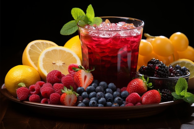 Wholesome display assorted fresh fruits berries citrus apples juice filled glasses Colorful health