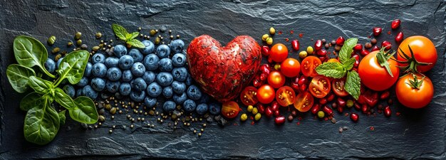 wholesome food in the heart and cardiograph on a medical abstract whiteboard