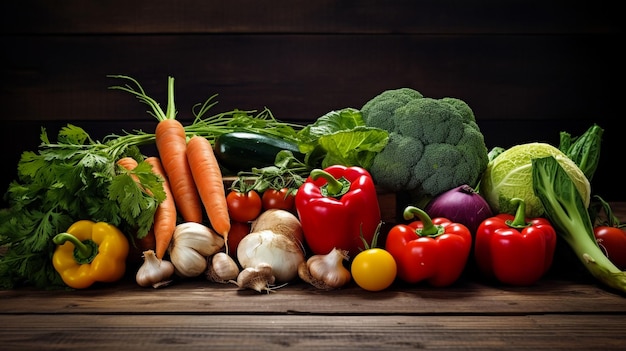 Wholesome organic vegetables on wooden table closeup