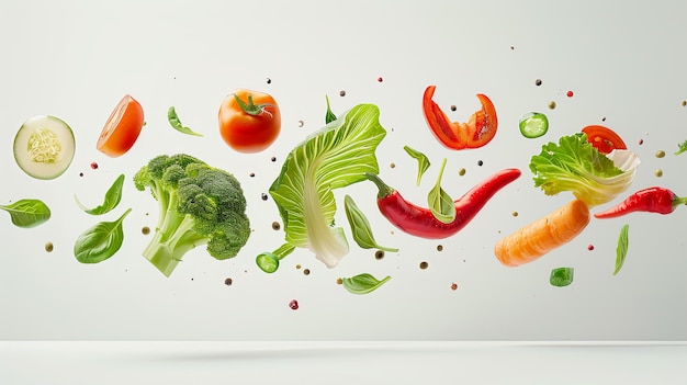 Wholesome vegetables hovering in midair against a pure white background representing the essence of healthy eating and vibrant living