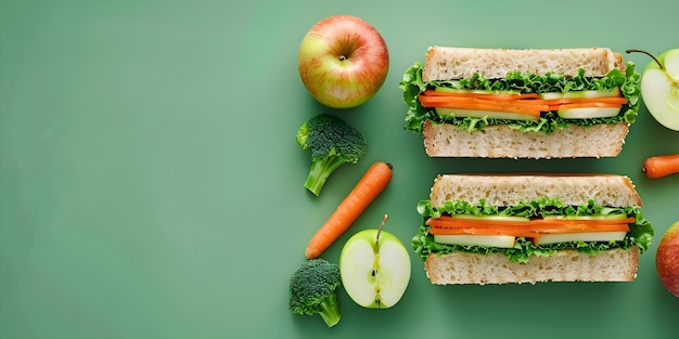 Photo wholesome vegetarian school lunch featuring an apple carrot broccoli sandwich on a green background concept vegetarian lunch fruit and veggie sandwich healthy eating school lunch