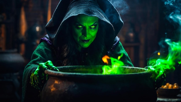 Wicked Witch Brewing Magical Potion In Cauldron With Green Flames