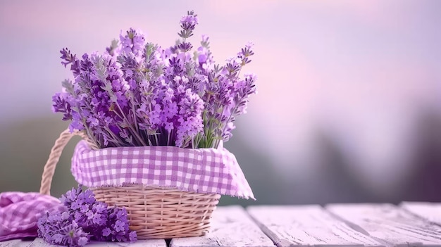 Photo a wicker basket filled with a bouquet of lavender and other purple flowers sits on a white wooden surface in front of a white brick wall