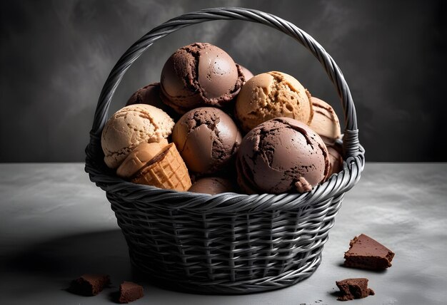 Photo wicker basket filled with chocolate ice cream assorted