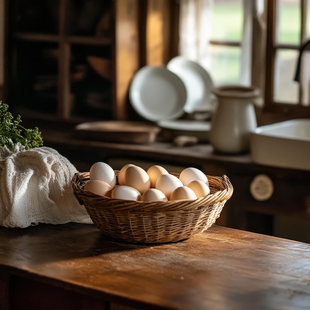 A wicker basket filled with fresh eggs sits on a wooden counter in a rustic kitchen with a window in the background