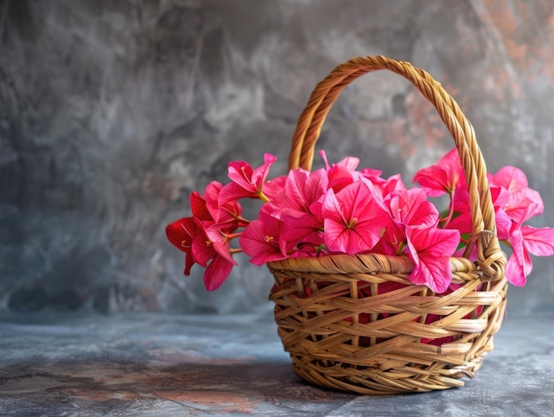 A wicker basket filled with fresh pink flowers