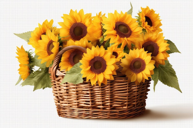 A Wicker Basket Filled With Sunflowers On A White Background