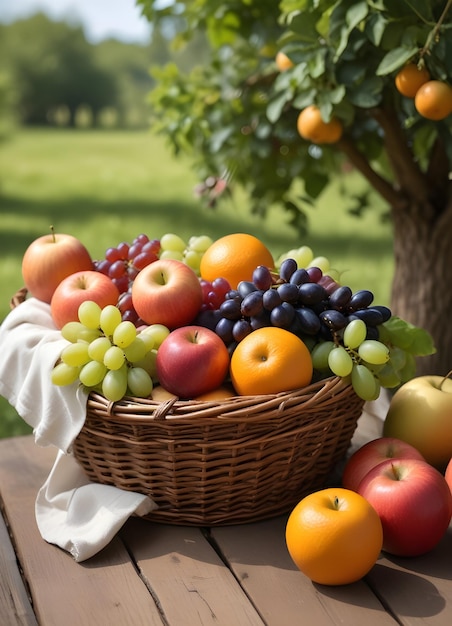 A wicker basket filled with various fresh fruits including apples oranges grapes and berries on a