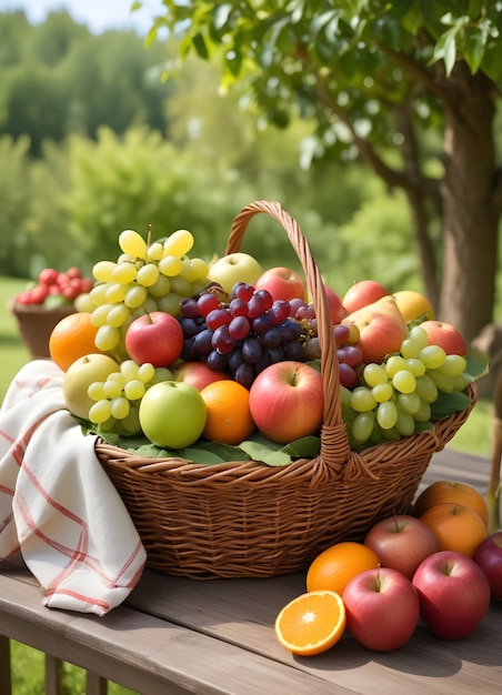 A wicker basket filled with various fresh fruits including apples oranges grapes and berries on a