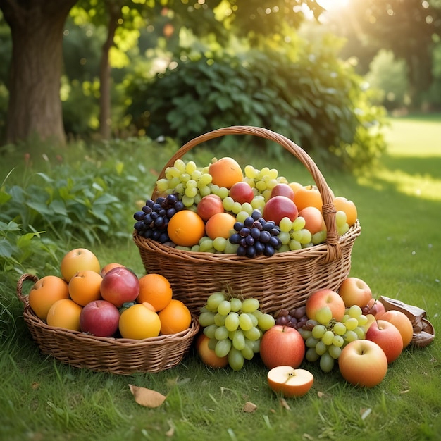 A wicker basket filled with various ripe fruits sitting on the grass in a lush green outdoor setti