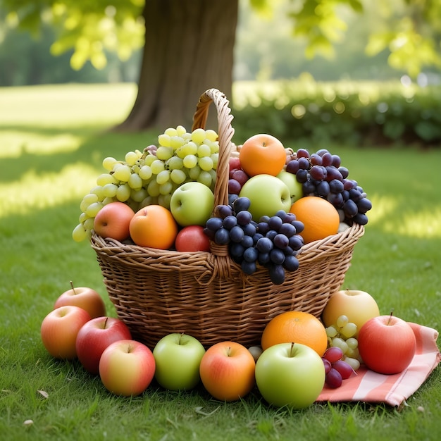 A wicker basket filled with various ripe fruits sitting on the grass in a lush green outdoor setti