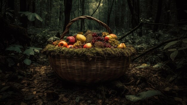 Wicker basket full of autumn fruit in the forest