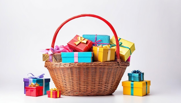 Wicker basket full of gifts isolated on white background