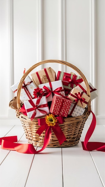 Photo wicker basket full of gifts isolated on white background