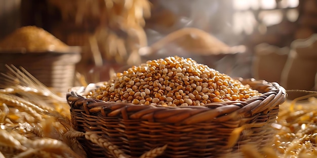 Wicker Basket Full of Golden Corn Kernels Realistic Photo