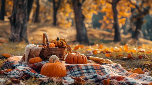 Photo wicker basket overflowing with pumpkins sits on a plaid blanket in the forest