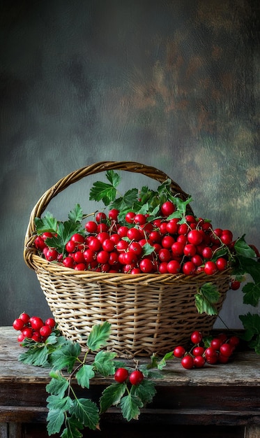 A wicker basket overflowing with vibrant red berries and green leaves against a rustic backdrop