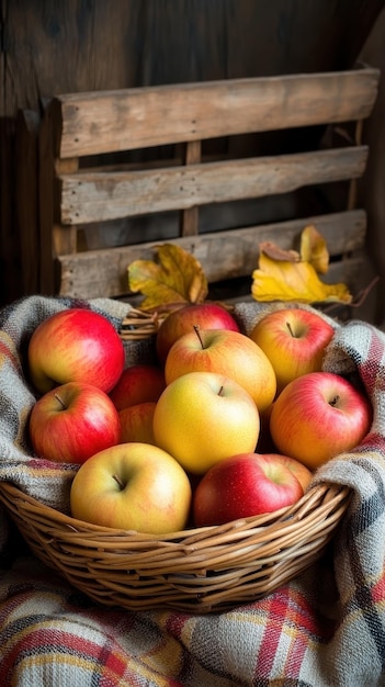 A wicker basket overflowing with vibrant red and golden apples rests on a warm plaid blanket