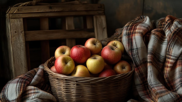 A wicker basket overflows with red and golden apples on a plaid blanket by a wooden crate