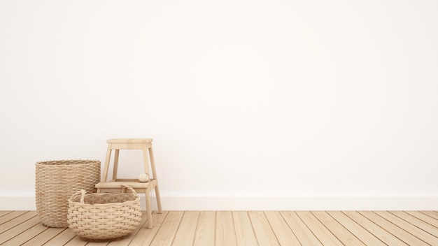 Wicker basket and stool in the white room for artwork - 3D Rende