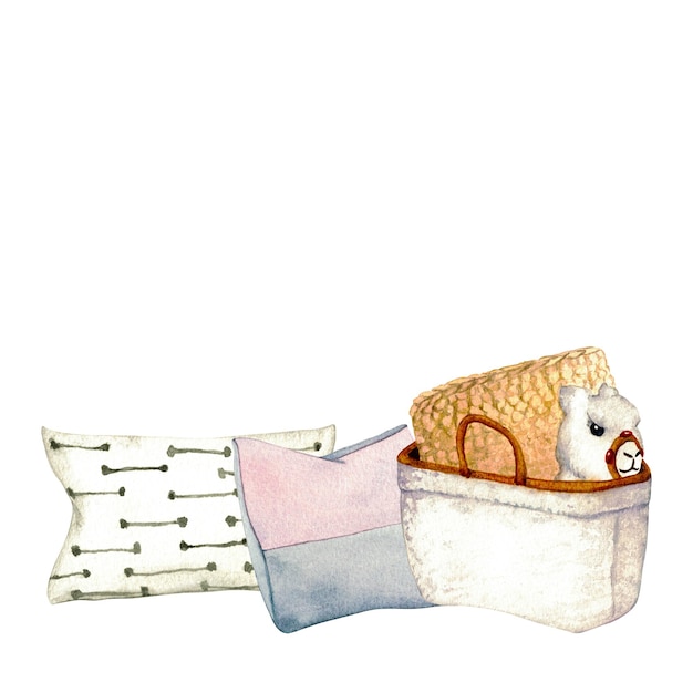 Wicker basket Toy lama Wooden shelf with decorative elements Watercolor illustration interior of living room with sofa pillows decor Clipart Home decor elements on a white background