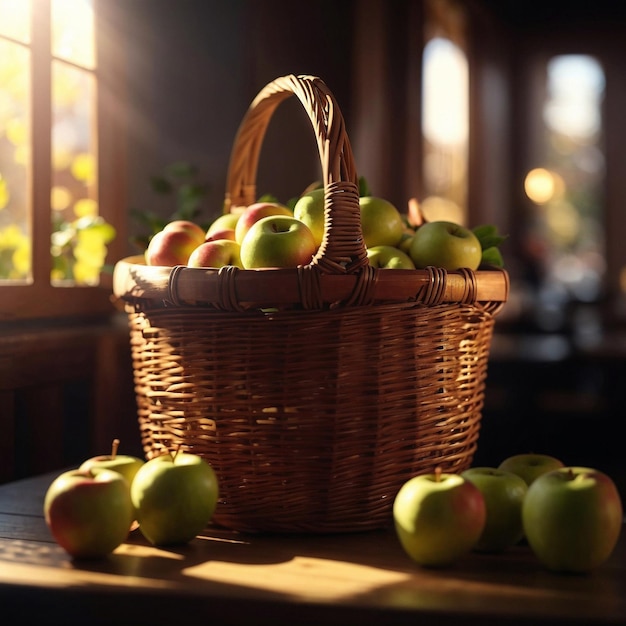 wicker basket with apples on the wooden table