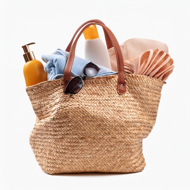 a wicker basket with a bottle of perfume and a bottle of perfume