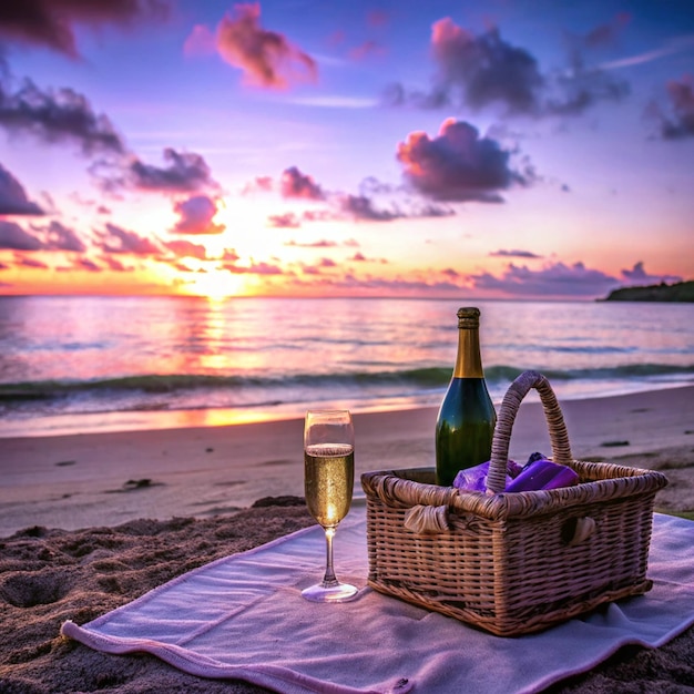 a wicker basket with a bottle of wine and a bottle of wine on a beach