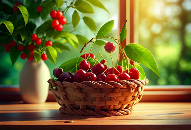 A wicker basket with cherries stands on the table against the backdrop of a cherry orchard