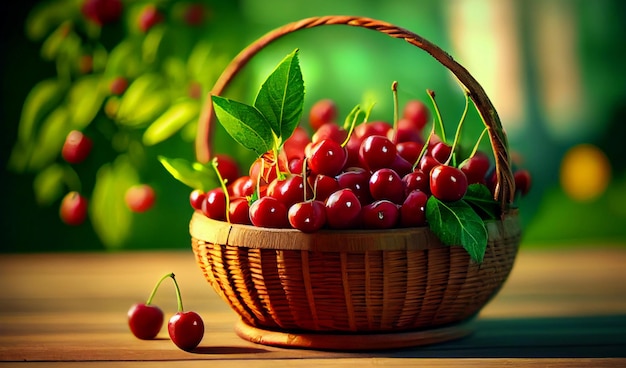 A wicker basket with cherries stands on the table against the backdrop of a cherry orchard