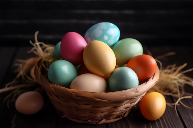 Wicker basket with colored Easter eggs