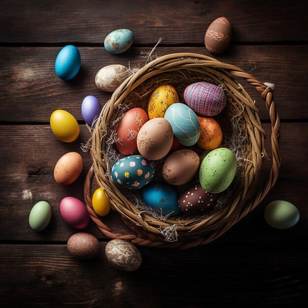 Wicker basket with colorful easter eggs on a wooden background family rustic concept