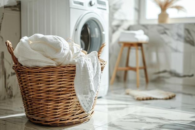 Wicker basket with dirty laundry in front of a washing machine in the bathroom