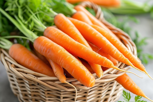 Wicker basket with fresh organic carrots on white background