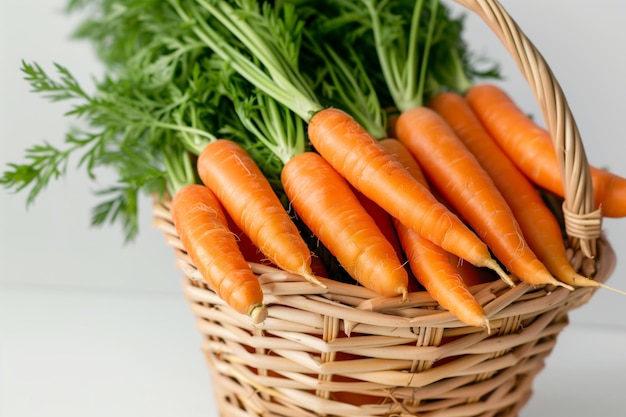 Wicker basket with fresh organic carrots on white background