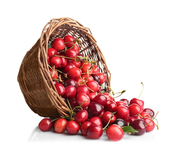 Wicker basket with fresh ripe cherries on white background