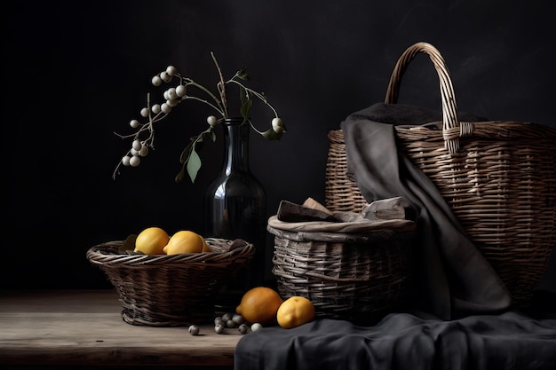 Wicker basket with fruits on table on dark background Still life