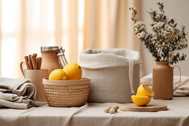 Wicker basket with fruits on table on dark background Still life