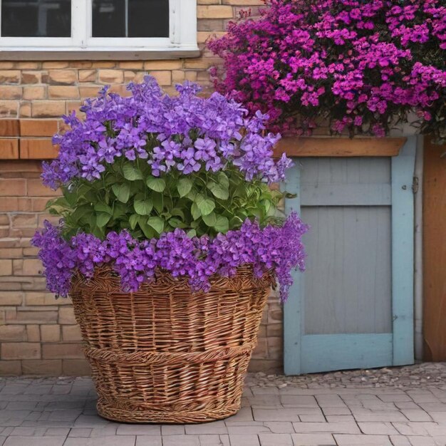 a wicker basket with purple flowers in front of a house