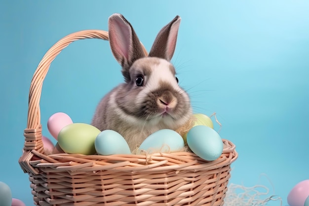 Wicker basket with a rabbit and full of easter eggs on blue background Ai generative