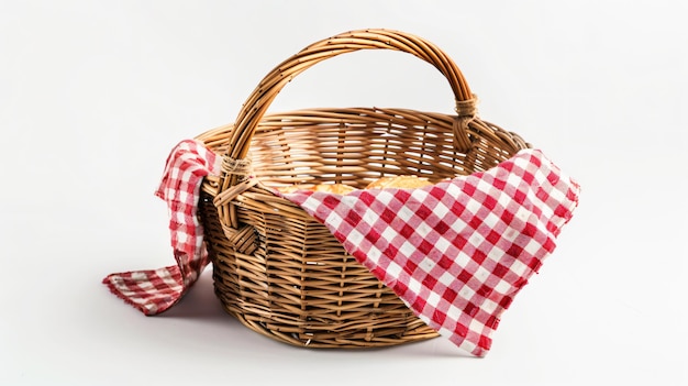 a wicker basket with a red and white checkered cloth