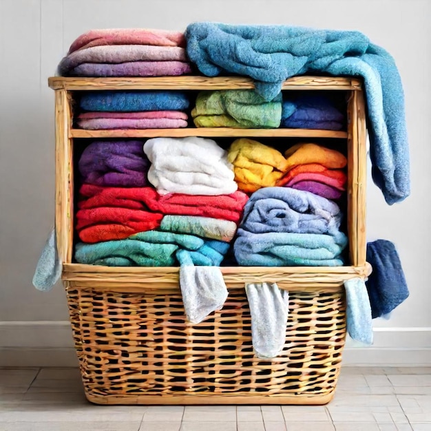 a wicker basket with a stack of towels in it