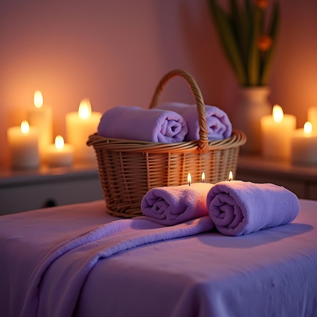 a wicker basket with towels and candles in the background