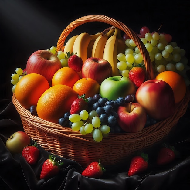 wicker basket with various colorful fruits on block background