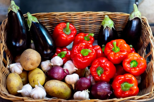 Wicker basket with vegetables. Autumn. Harvest.