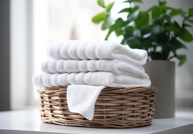 Wicker basket with white towels on table in bathroom