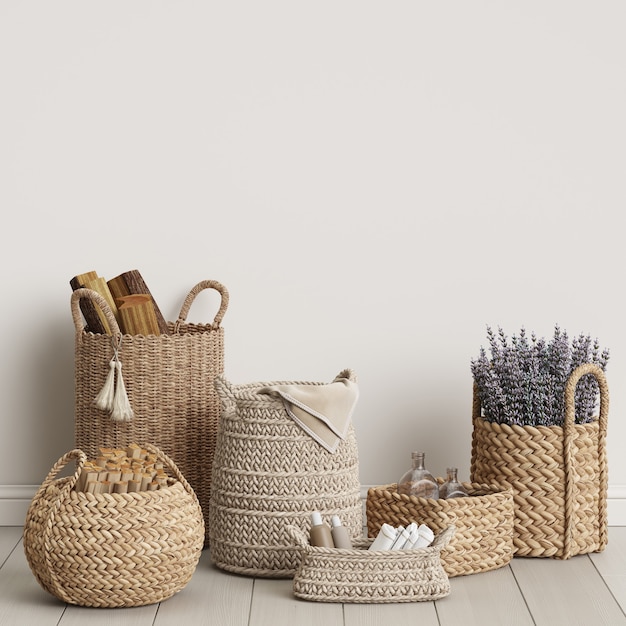 Wicker baskets standing on the floor