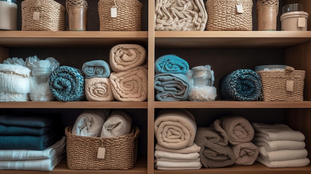 Wicker baskets and towels on shelves in the store Toned