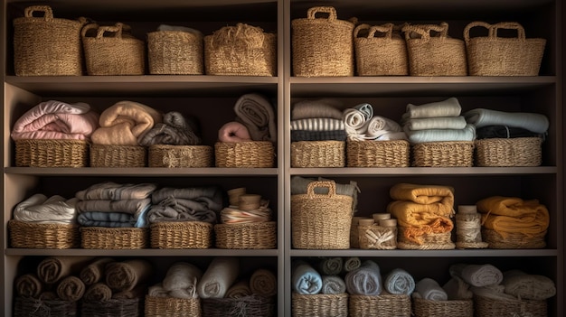 Wicker baskets and towels on shelves in the store Toned