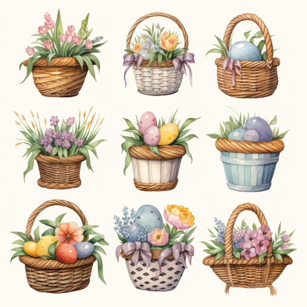 Photo wicker baskets with spring flowers ducks in watercolor on white background generative ai